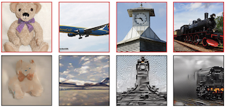 Pictures of teddy bear, airplane, clock and train and their AI renderings