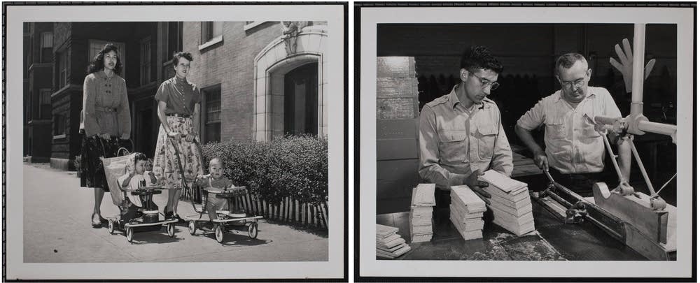 Promo material for Indian Relocation Act featuring white woman and Native woman pushing strollers side by side, white man and Native man working together