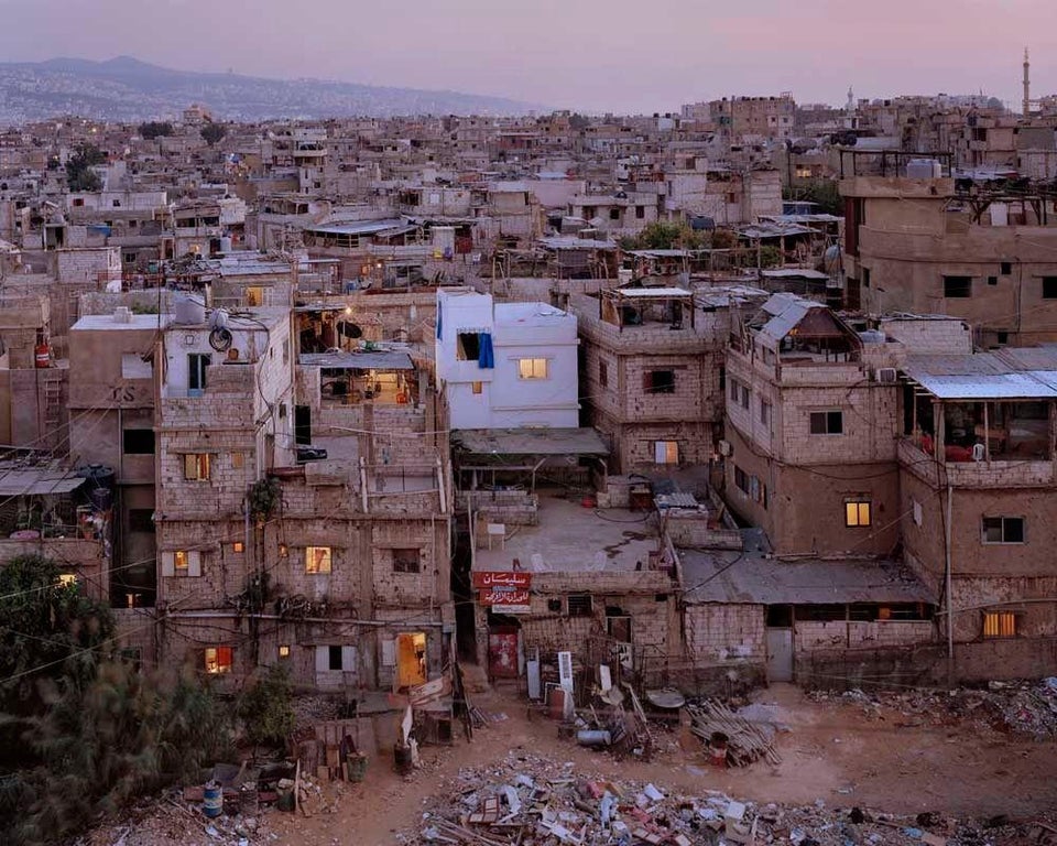 Overhead shot of brick buildings crowded together in Burj Barajneh refugee camp