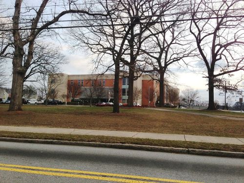 Photo of brick building taken from road through trees in winter