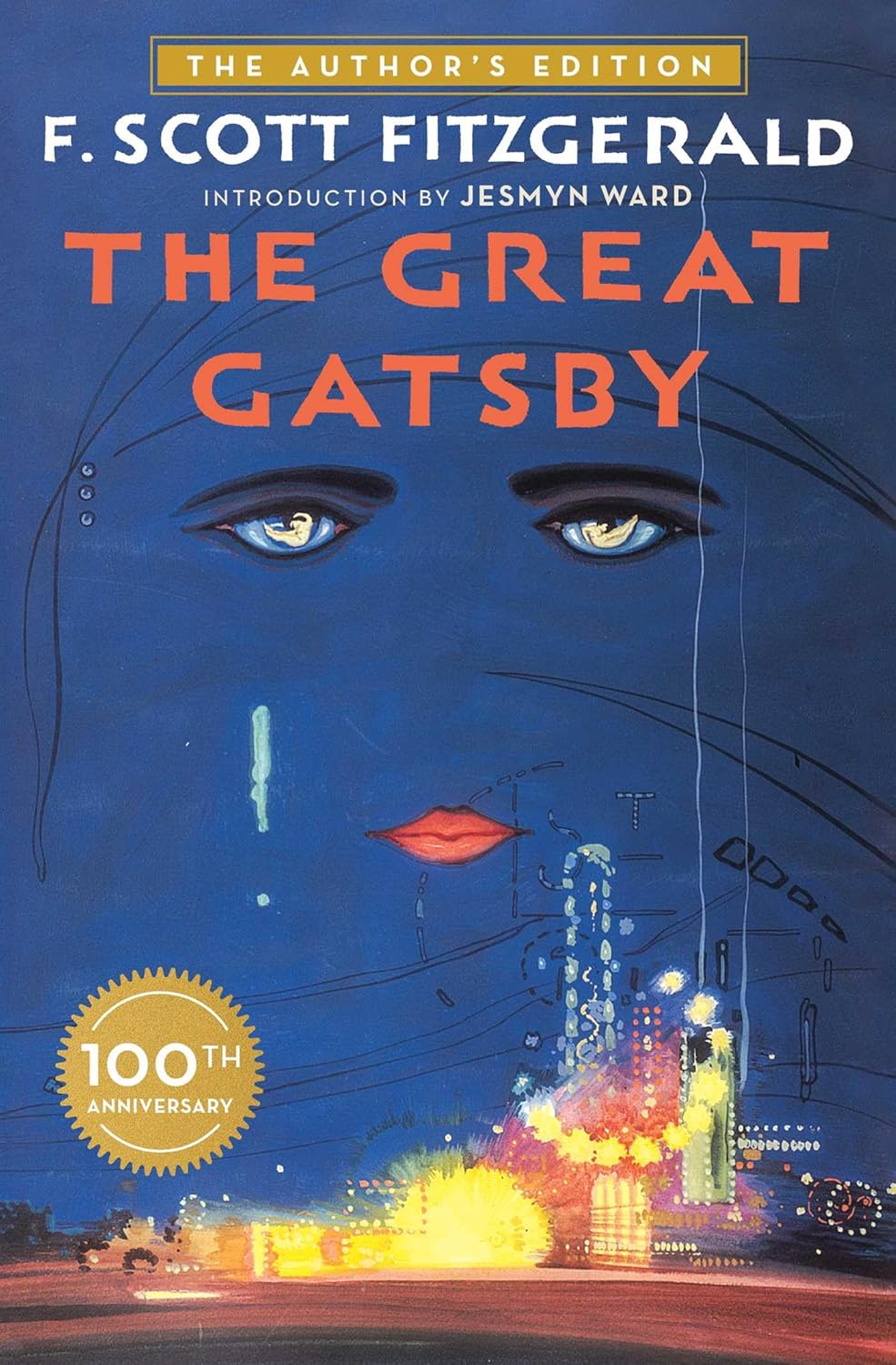 The cover of The Great Gatsby featuring a deep blue night sky with eyes and a mouth floating above a glowing cityscape