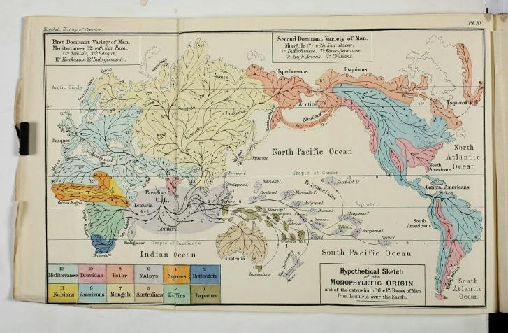 A map from Haeckel's History of Creation that shows the location of his theorized Lemuria continent