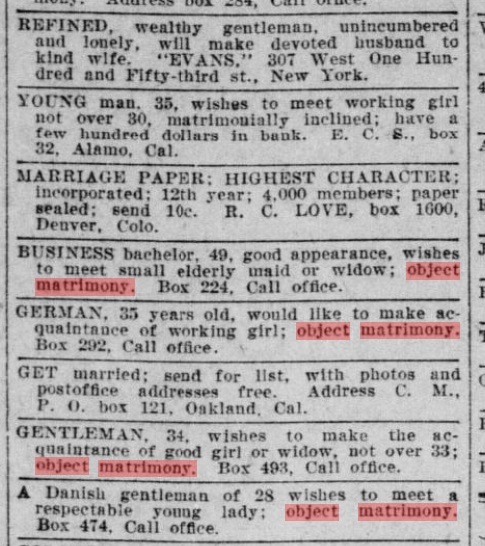 Personal ads from newspaper in 1909 seeking marriage