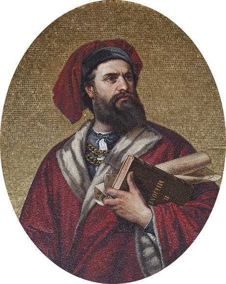Mosaic painting of Marco Polo from 1867, depicting the explorer as a bearded man holding maps and books wearing a red robe and hat