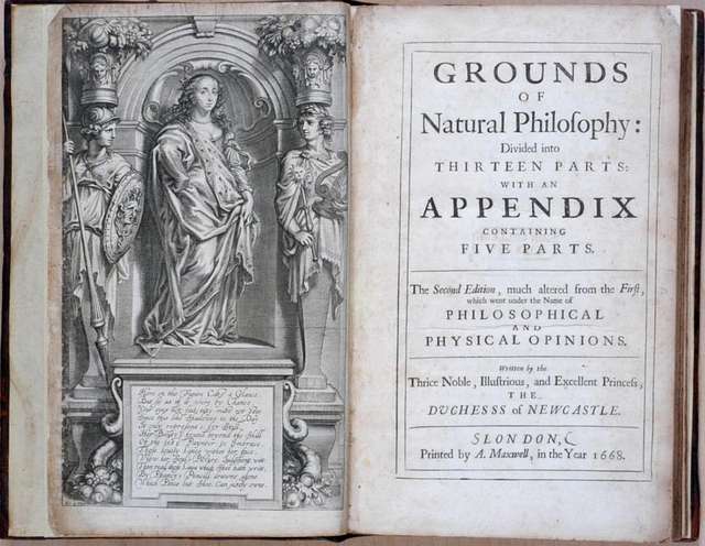 Title page and frontispiece of Cavendish's 1668 Grounds of Natural Philosophy
