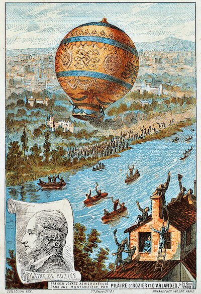 Historical illustration depicting the November 21, 1783 hot air balloon flight