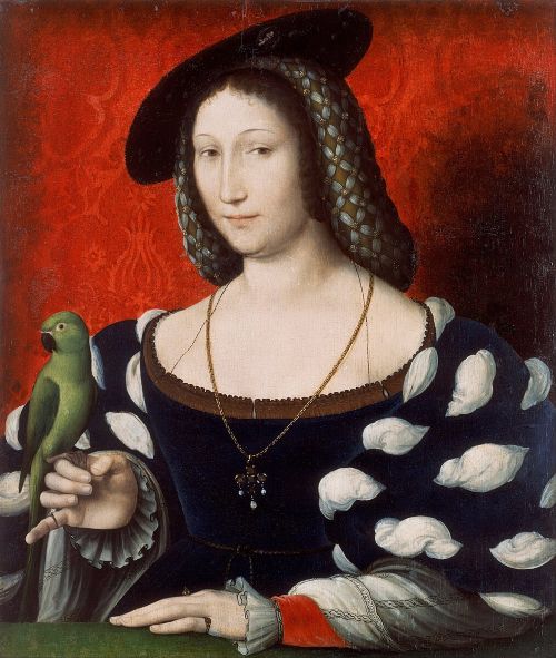Color portrait of Queen Marguerite holding a green parrot