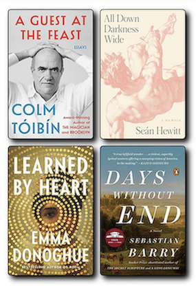 Book jackets featuring works by Colm Tóibín, Seán Hewitt, Emma Donoghue, and Sebastian Barry
