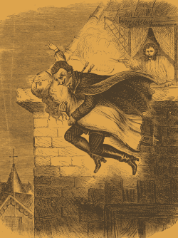 An illustration of Spring-heeled Jack jumping from a window, holding a woman