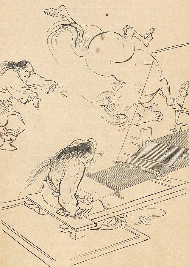 Sketch of Susanoo throwing a horse at Amaterasu's loom