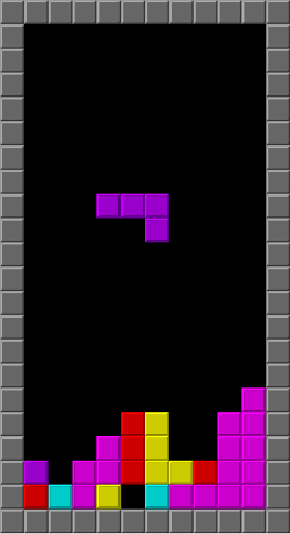 A black Tetris screen with multicolored Tetris blocks