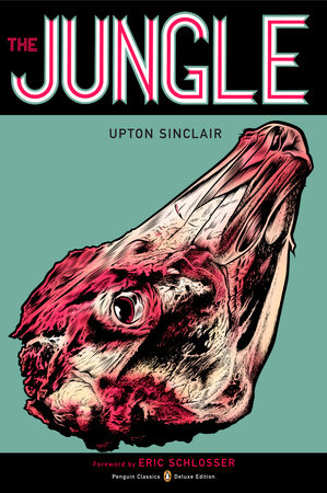 A stylized color drawing of a cow's head on the cover of Penguin Random House edition of The Jungle by Upton Sinclair
