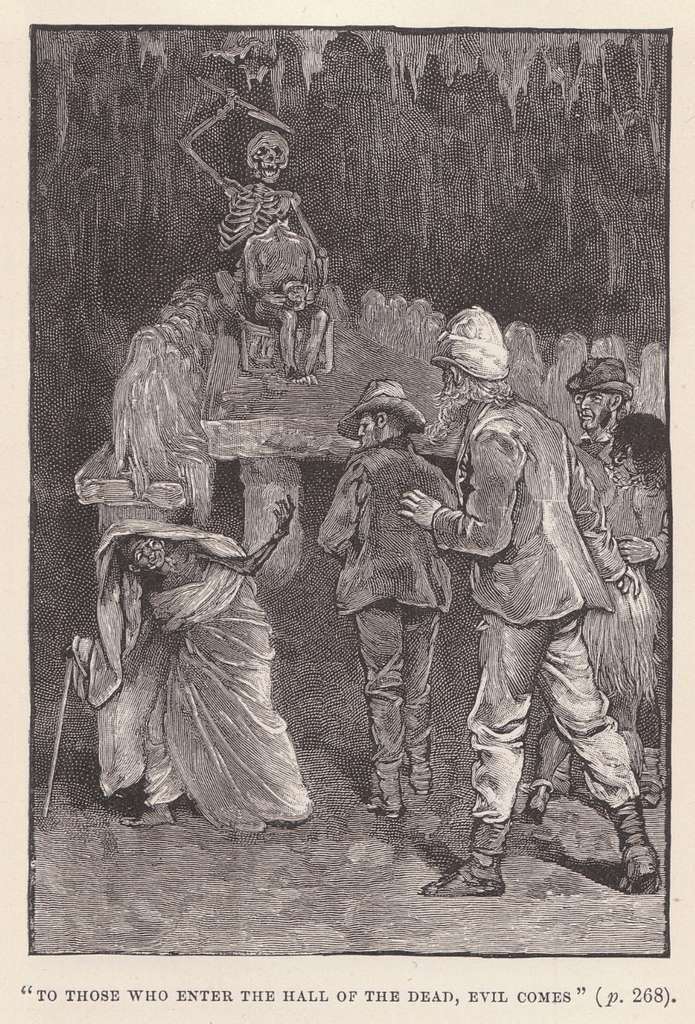 Black-and-white drawing showing Gagool leaning on a cane and gesturing to other characters to follow her, while a skeleton with a dagger looms in the background